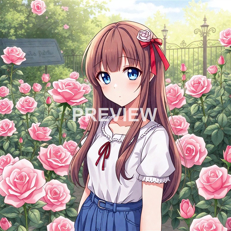 An anime-style girl with long brown hair, blue eyes, and a red ribbon with a white rose hair accessory, standing in a garden filled with pink roses, with a wrought iron gate and trees in the background.
